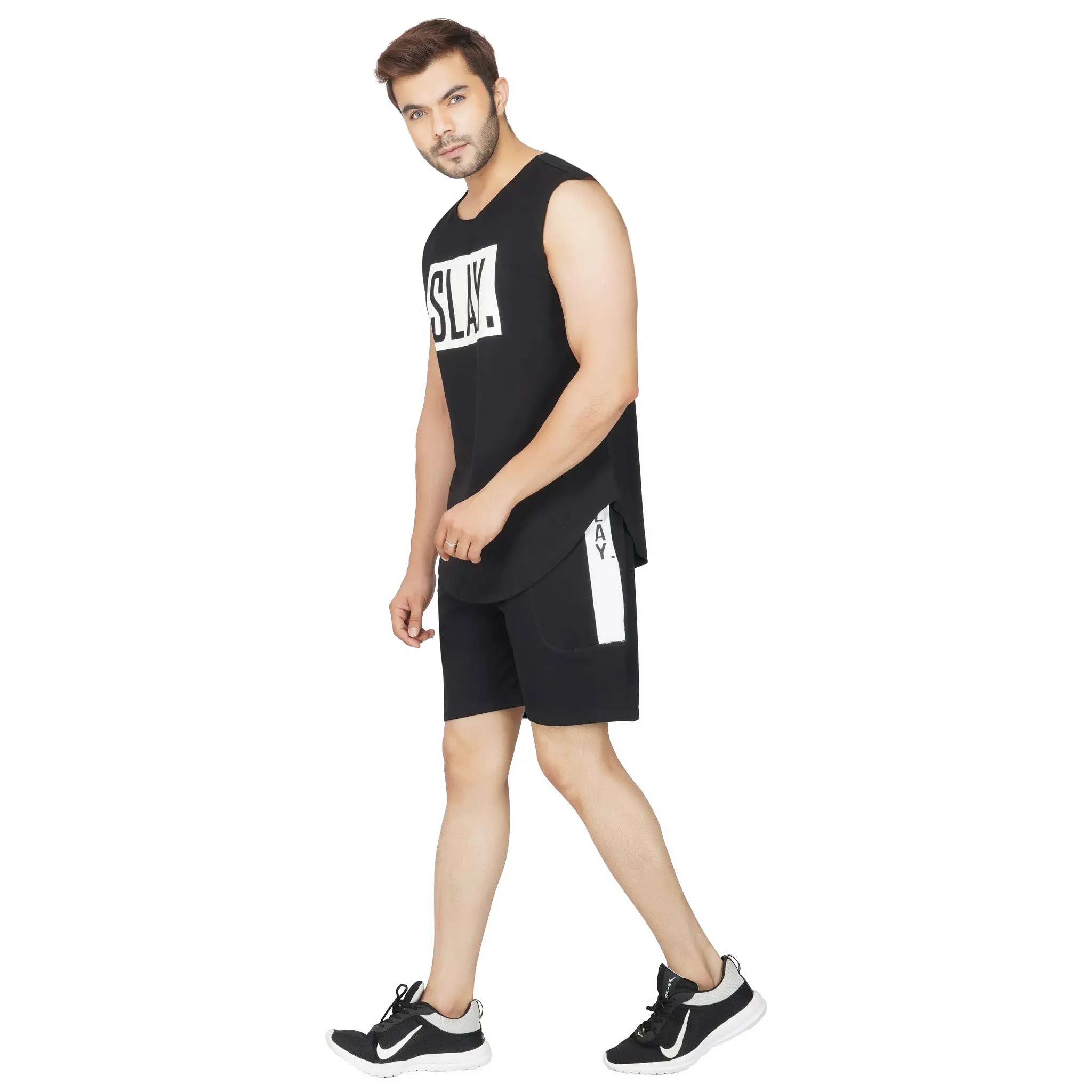 SLAY. Men's Black Printed Sleeveless Dropcut T-shirt