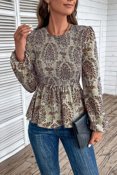 Smocked Printed Balloon Sleeve Blouse