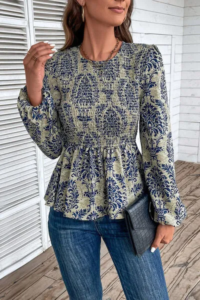 Smocked Printed Balloon Sleeve Blouse