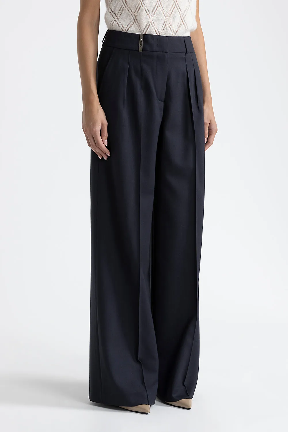 Stretch wool pleated palazzo trousers