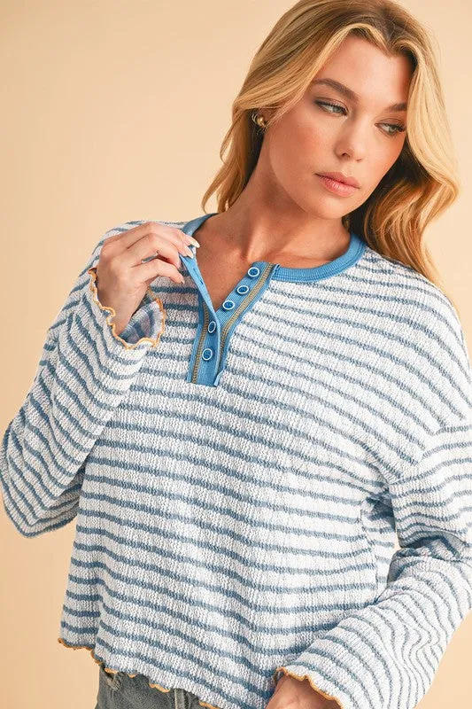 Stripe Textured Long Sleeve Henley Top