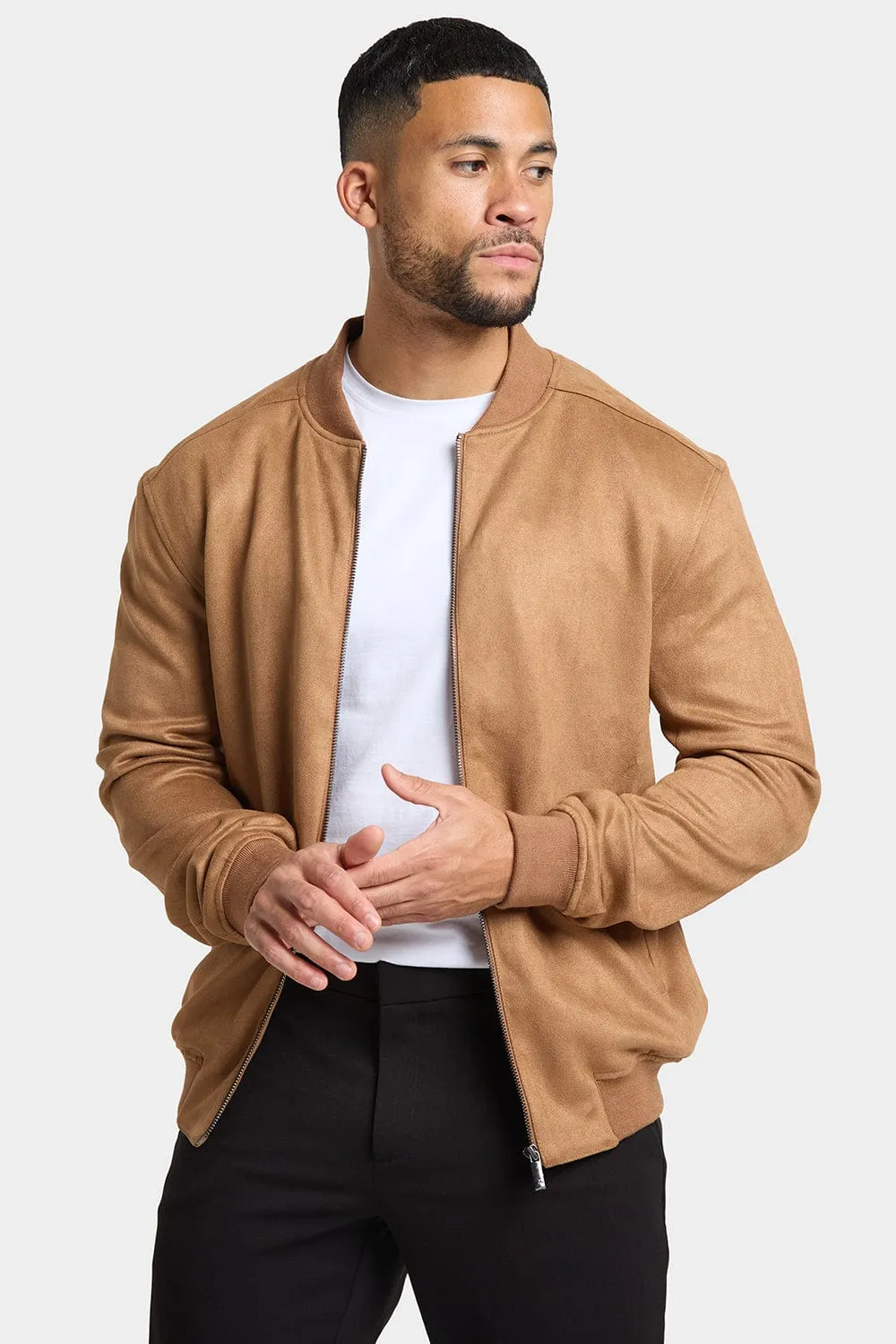 Suede Look Bomber Jacket in Chestnut