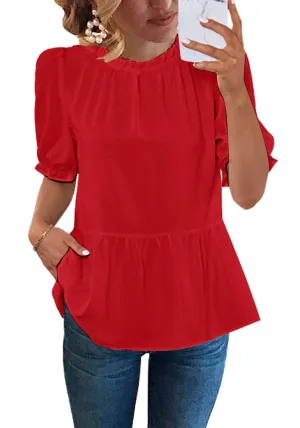 True Red 2023 Blouses for Women Dressy Casual Peplum Tops Puff Sleeve Ruffle Mock Neck Dress Shirt Flowy Summer