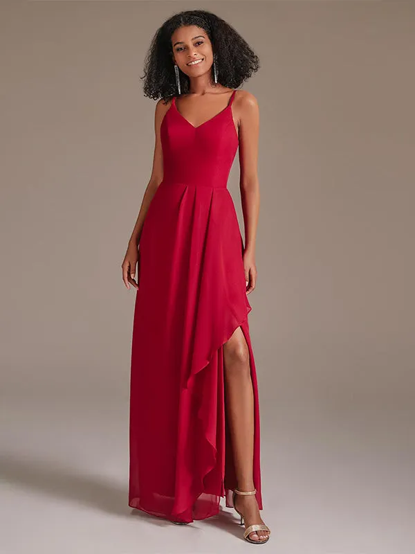 V-neck Spaghetti Straps Floor-length Red Bridesmaid Dress with Ruffle Split Front