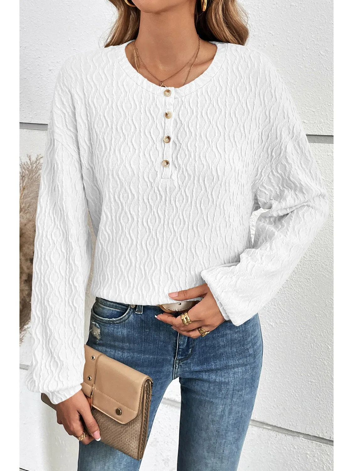 White Solid Color Textured Long Sleeve Henley Top