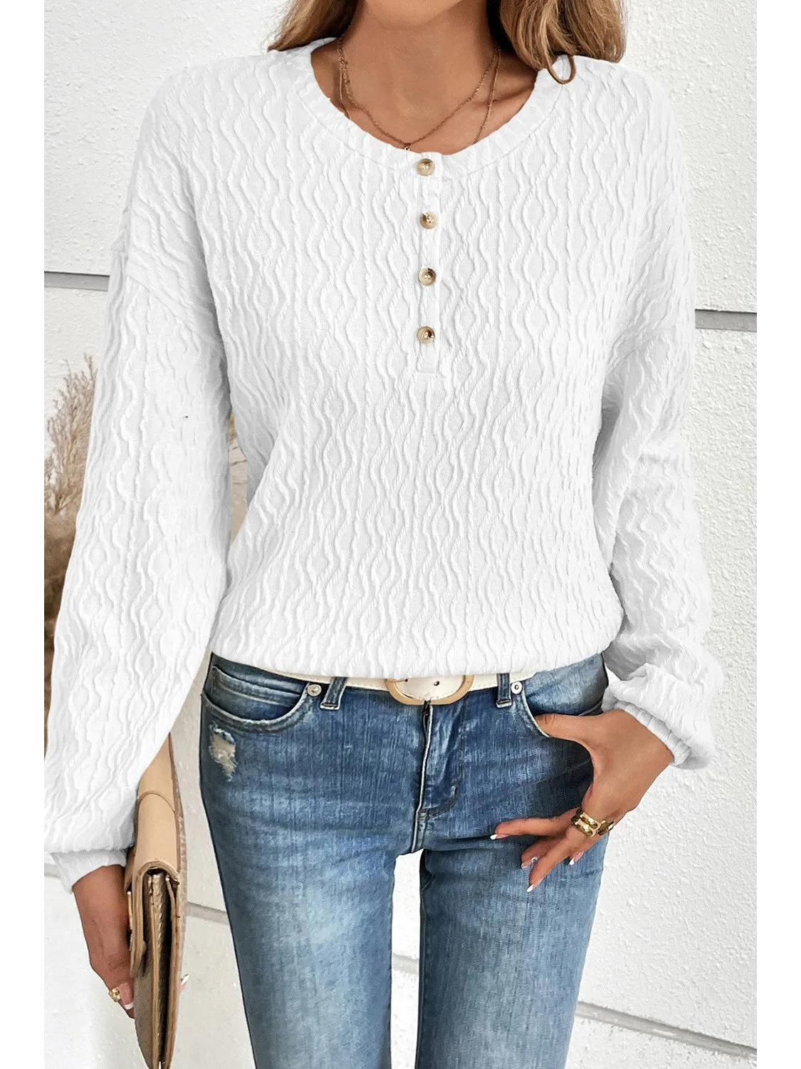 White Solid Color Textured Long Sleeve Henley Top