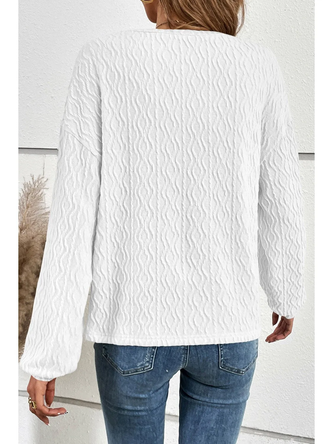 White Solid Color Textured Long Sleeve Henley Top