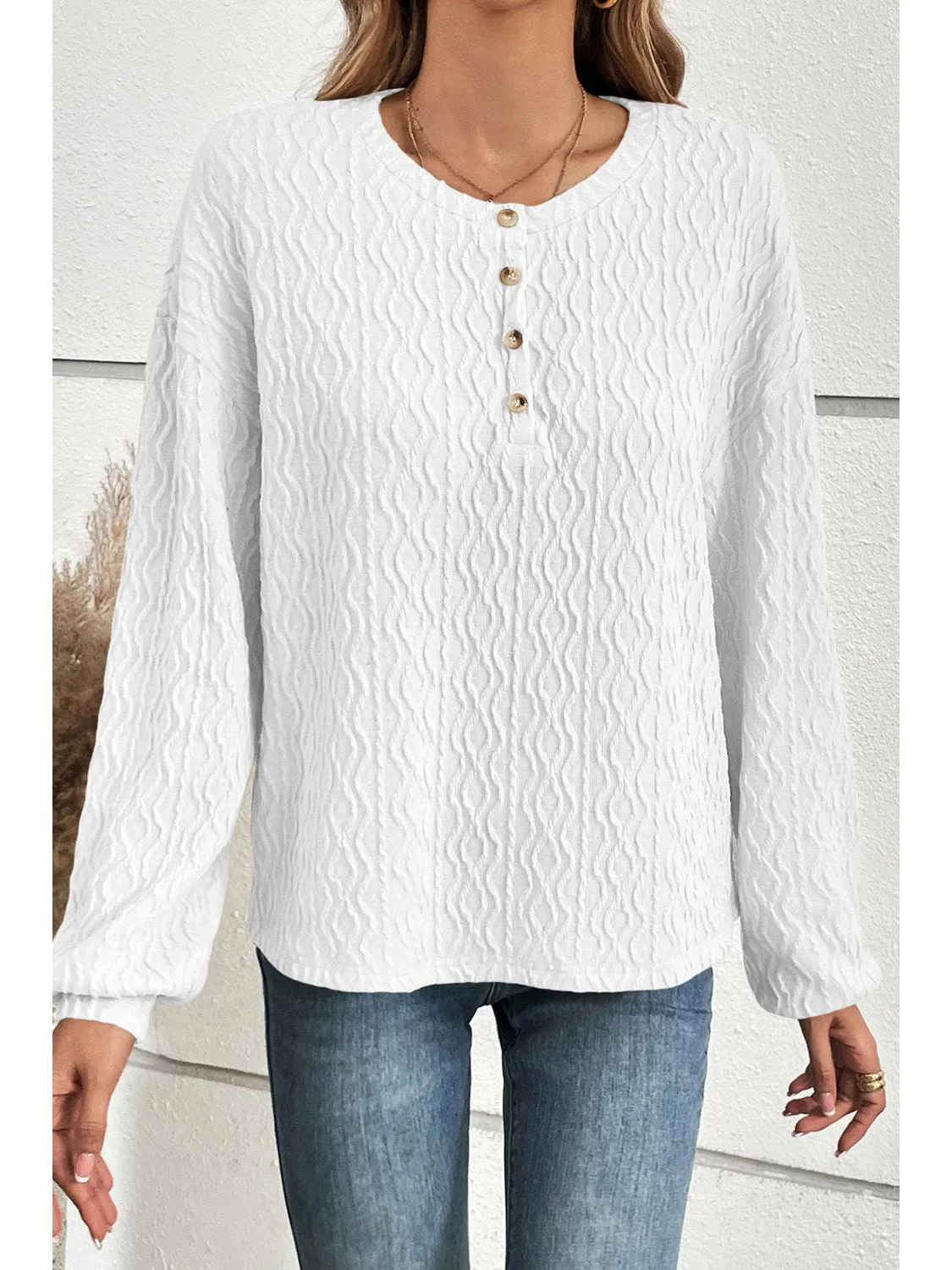 White Solid Color Textured Long Sleeve Henley Top