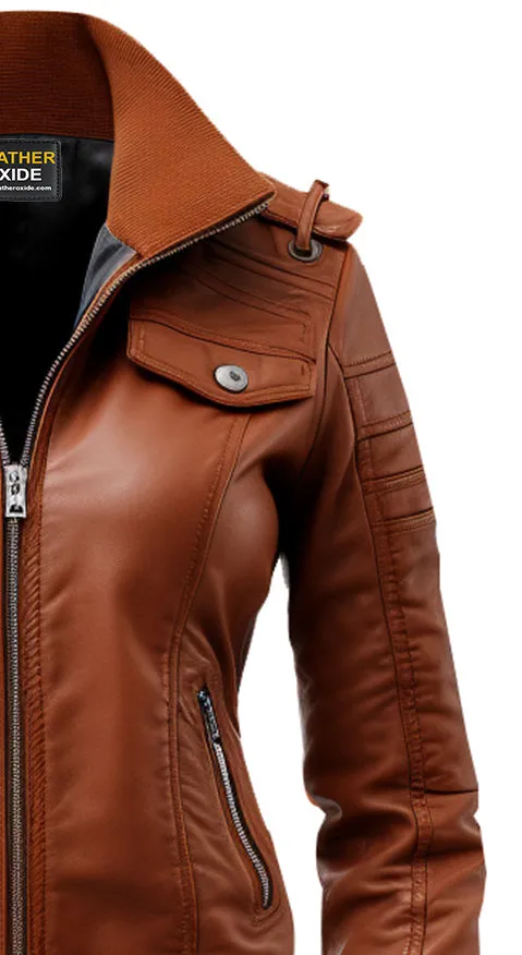 Women Leather Jacket Brown Bomber