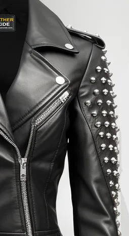 Women Studs Black Vintage Leather Jacket