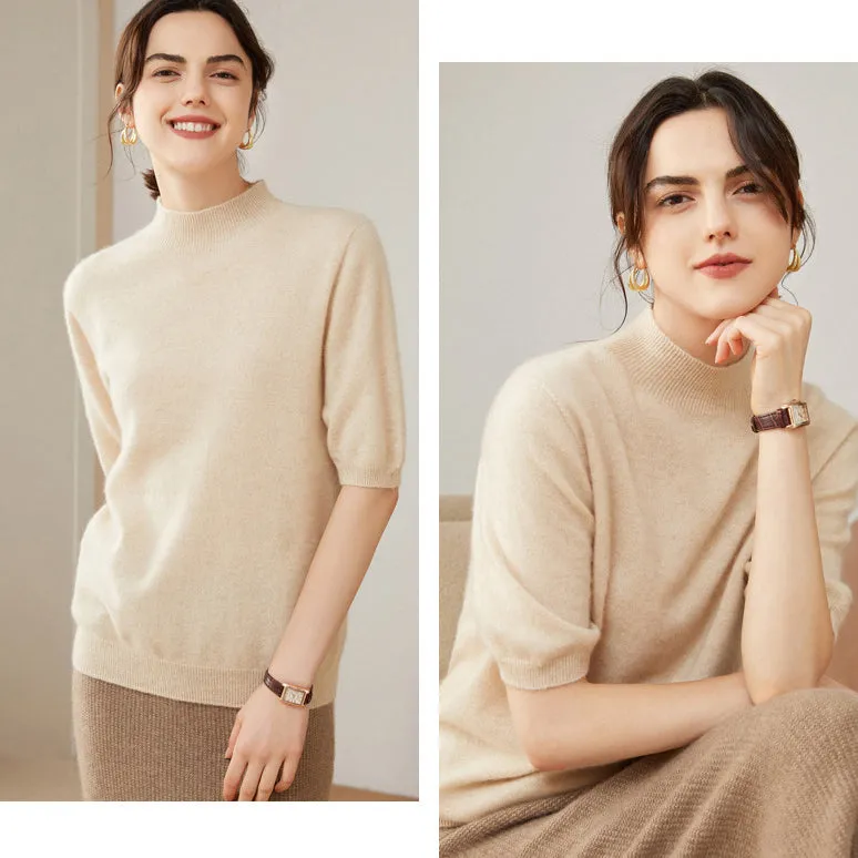 Women's 100% Pure Cashmere Sweater Crewneck Cashmere Tops Lightweight Short Sleeve Cashmere Sweater