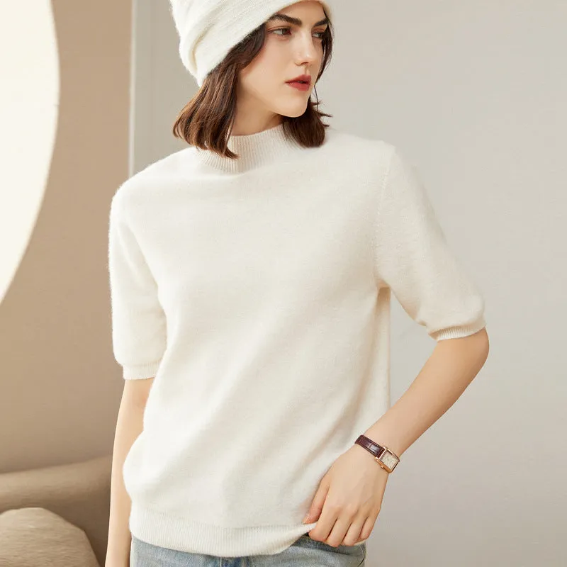 Women's 100% Pure Cashmere Sweater Crewneck Cashmere Tops Lightweight Short Sleeve Cashmere Sweater