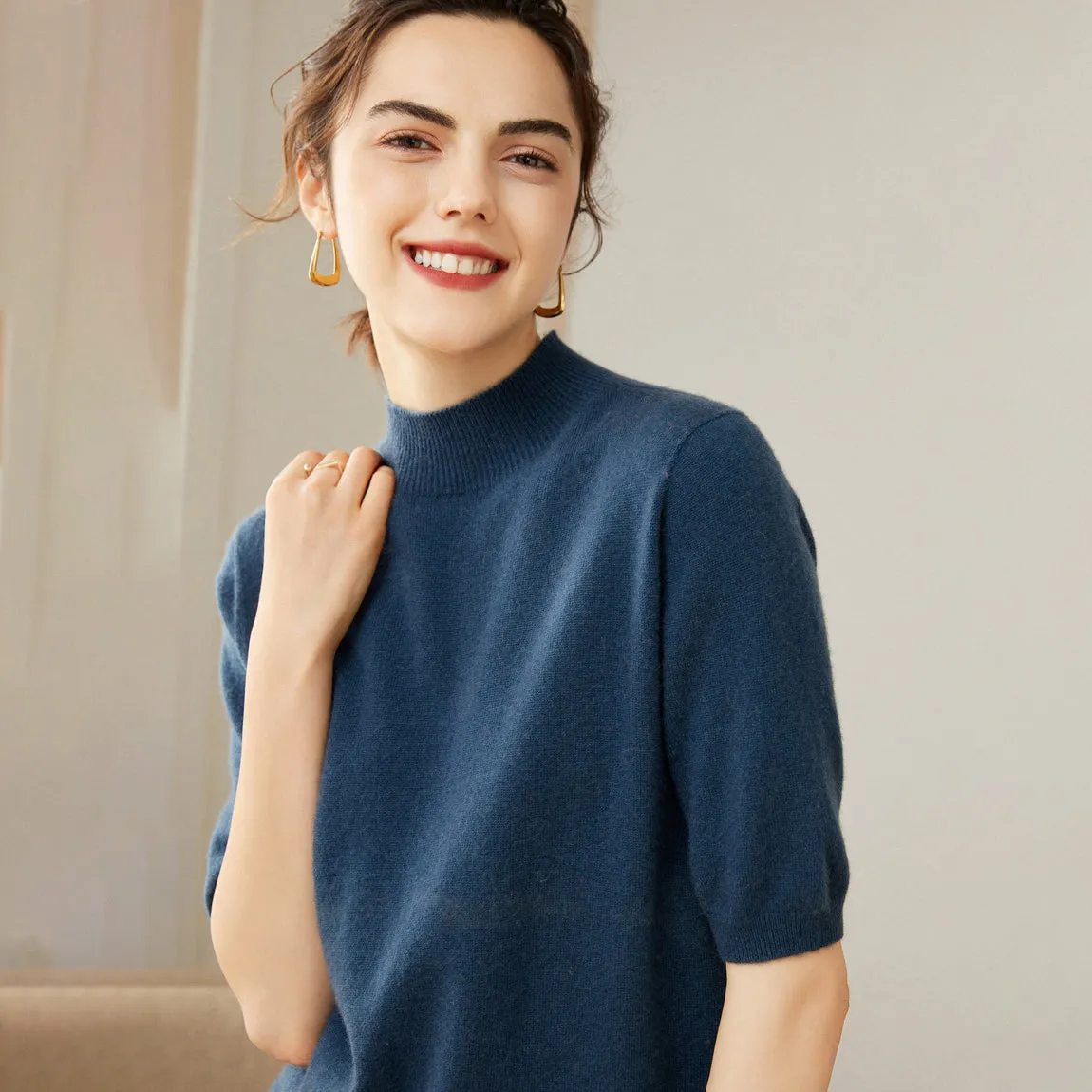 Women's 100% Pure Cashmere Sweater Crewneck Cashmere Tops Lightweight Short Sleeve Cashmere Sweater