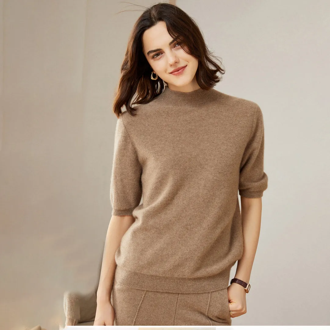 Women's 100% Pure Cashmere Sweater Crewneck Cashmere Tops Lightweight Short Sleeve Cashmere Sweater