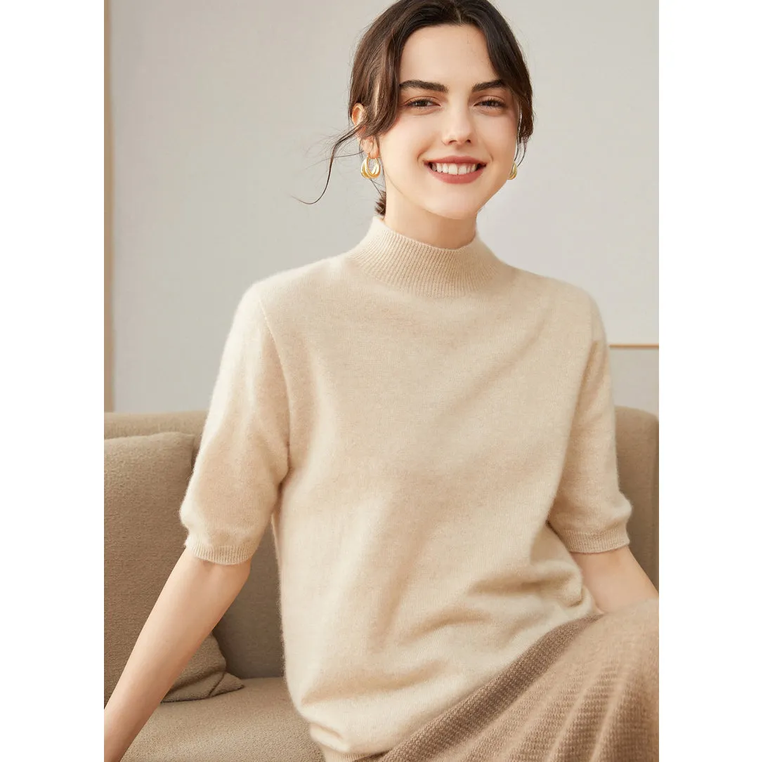 Women's 100% Pure Cashmere Sweater Crewneck Cashmere Tops Lightweight Short Sleeve Cashmere Sweater