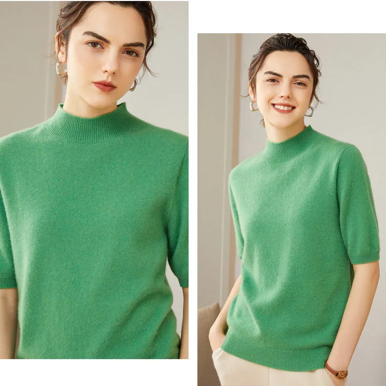 Women's 100% Pure Cashmere Sweater Crewneck Cashmere Tops Lightweight Short Sleeve Cashmere Sweater