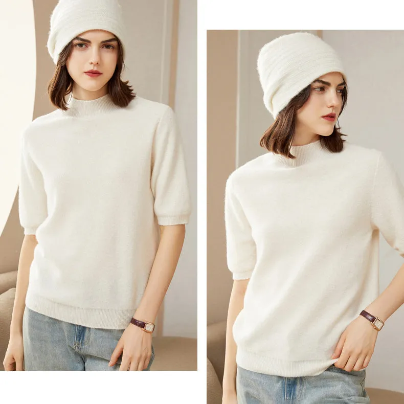 Women's 100% Pure Cashmere Sweater Crewneck Cashmere Tops Lightweight Short Sleeve Cashmere Sweater