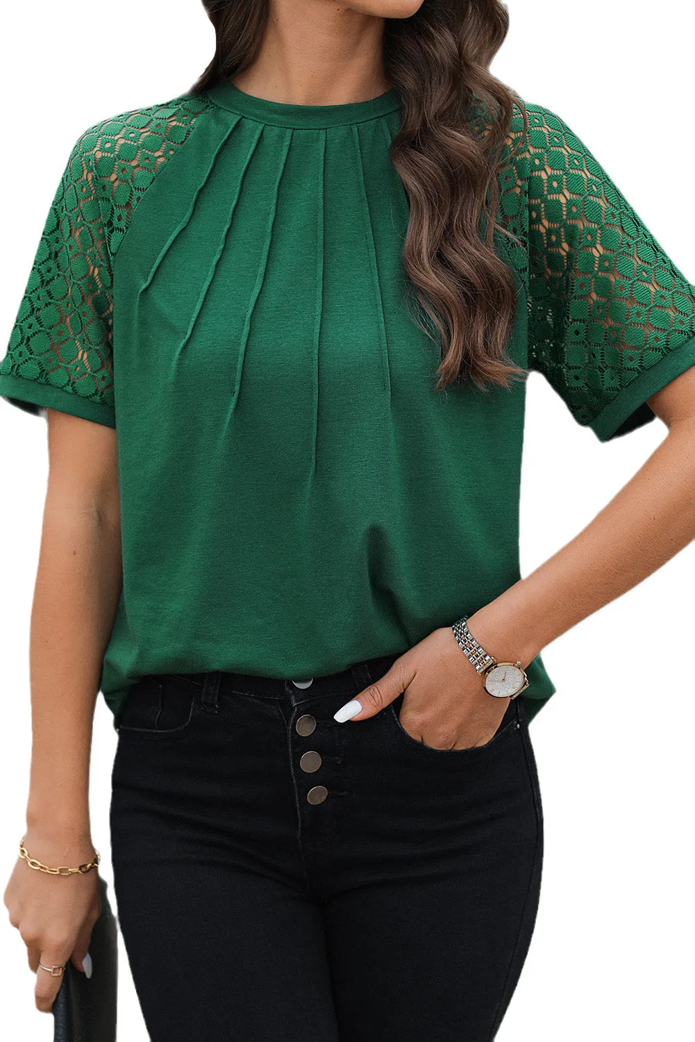 Womens Crew Neck Patchwork Lace Short Sleeve Tee Shirts Casual Knitted Blouses