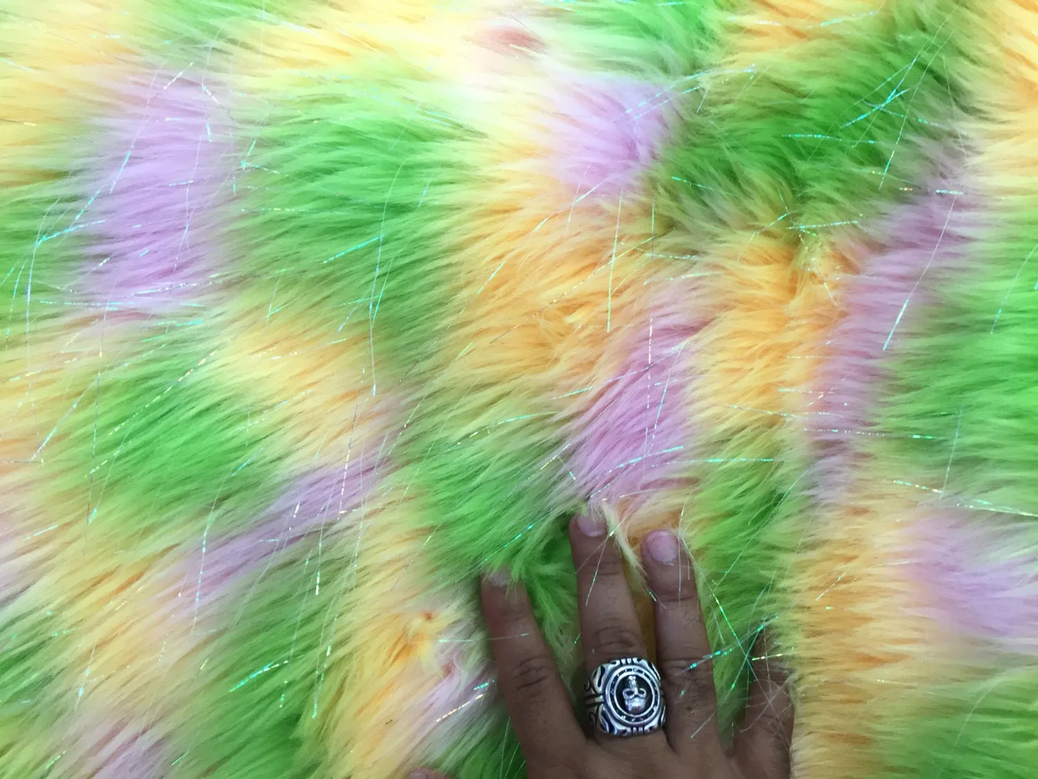 Yellow tie dye jacquard faux fur with metallic threads -yard